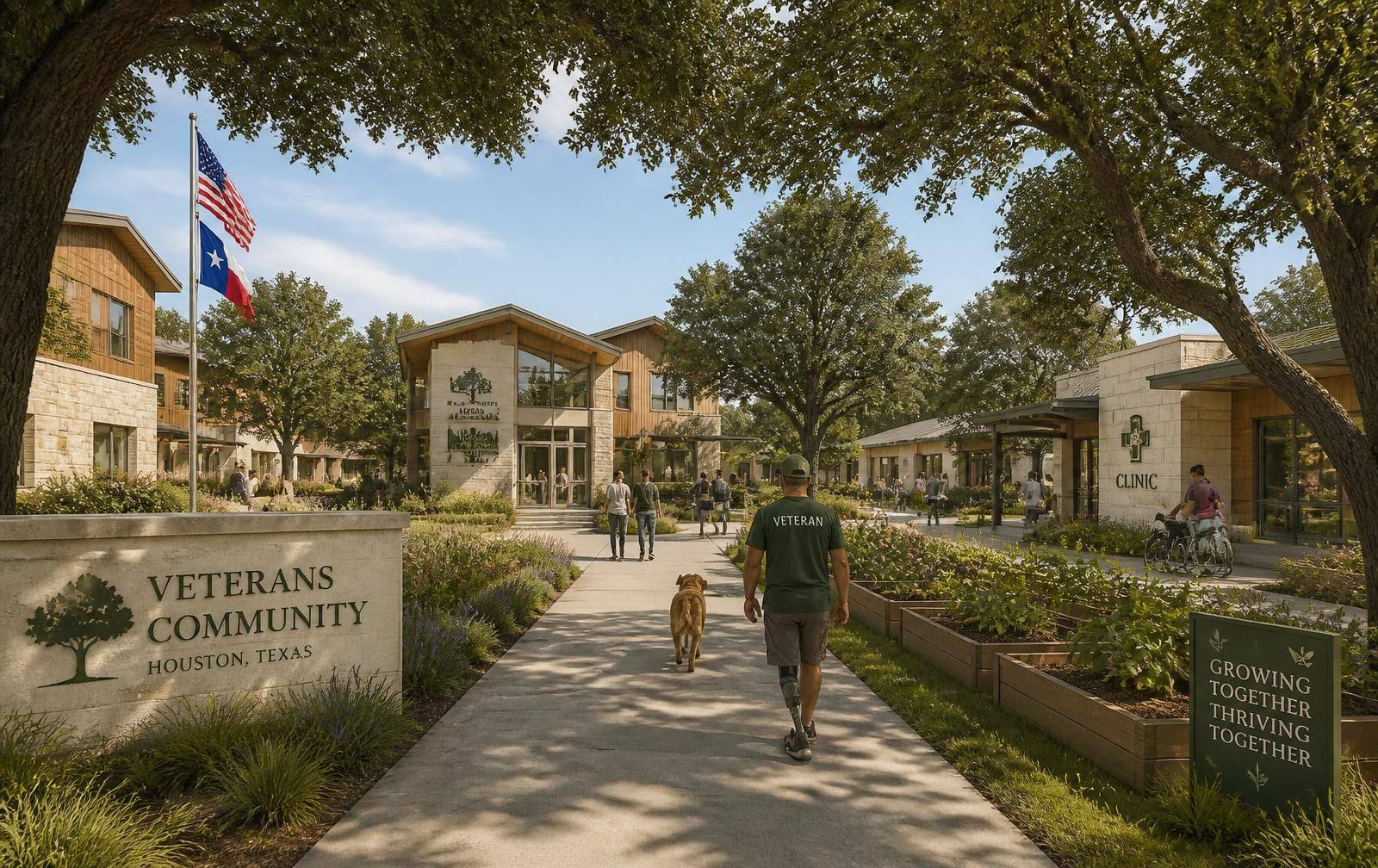 Rendering of the Houston Veterans Community Campus with housing, a clinic, and community gardens