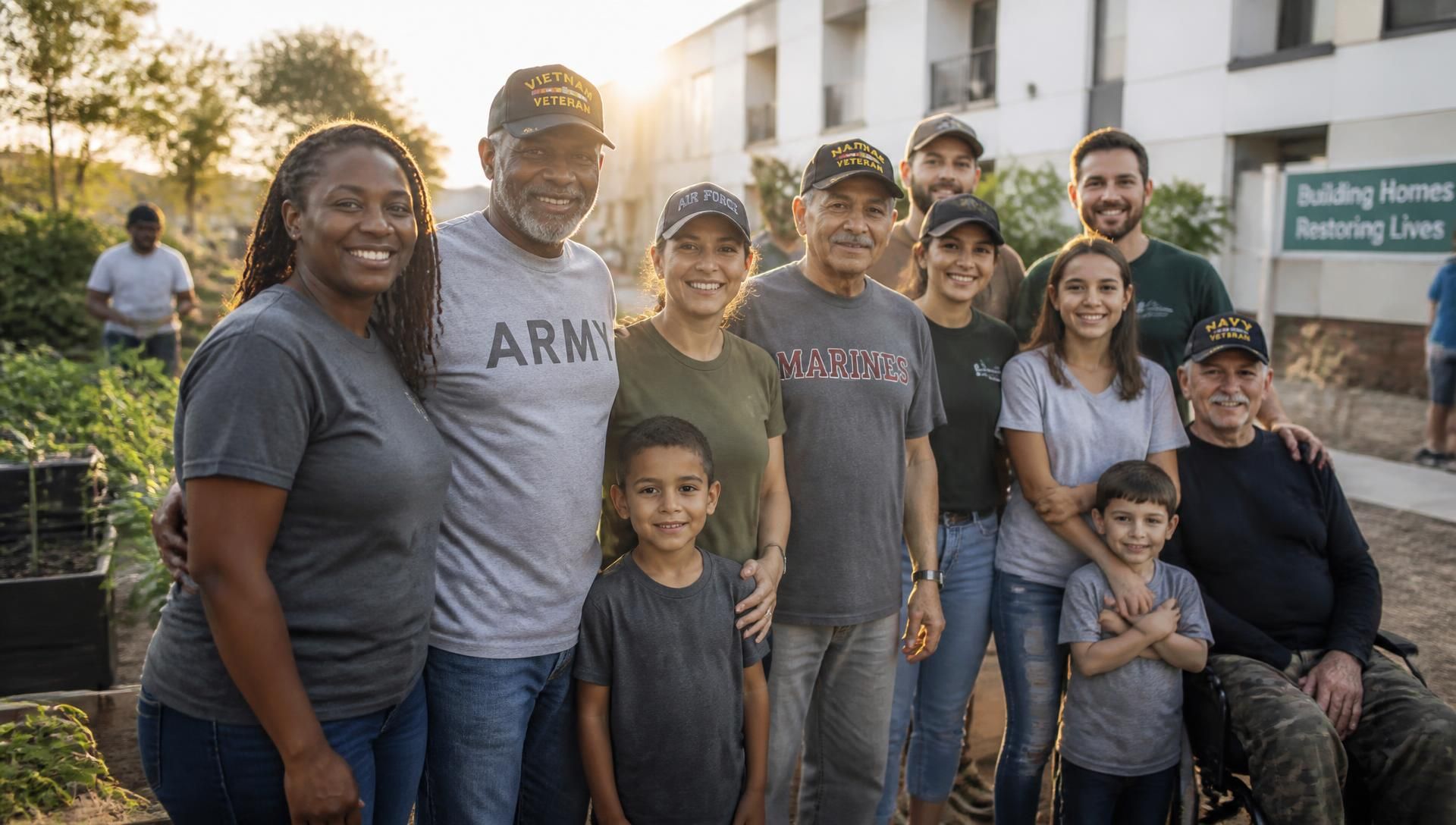 Veterans of multiple generations standing together with volunteers and family members outside a community housing campus